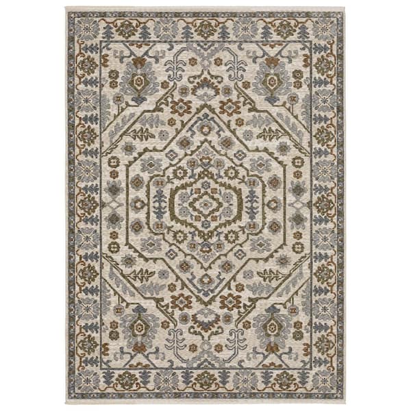 Hunter Ivory/Green 6 ft. x 9 ft. Layered Floral Medallion Polyester Fringe-Edge Indoor Area Rug