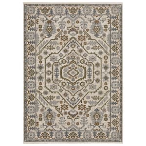 Hunter Ivory/Green 8 ft. x 11 ft. Layered Floral Medallion Polyester Fringe-Edge Indoor Area Rug