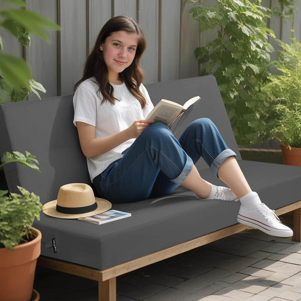Gray Waterproof Foam Outdoor Bench Cushion with Ties
