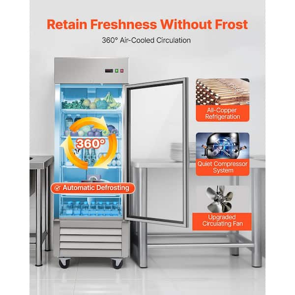 22 cu.ft Commercial Refrigerator, Upright Single Door, Auto-Defrost, Stainless Steel, 4-Shelves, 33 to 50℉ Temp Silver