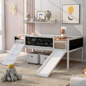 White Twin Size Wood Loft Bed with Blackboard Slide and 2-Storage Boxes