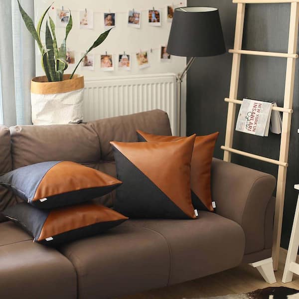 MIKE & Co. NEW YORK Boho-Chic Handcrafted Vegan Faux Leather Brown and Black 18 in. x 18 in. Square Solid Throw Pillow Cover Set of 4