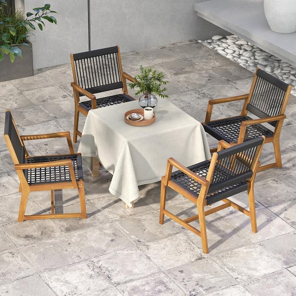 Gymax Patio Acacia Wood Dining Chairs All-Weather Rope Woven