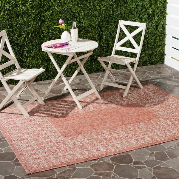 Courtyard Red/Beige 7 ft. x 10 ft. Border Ornate Indoor/Outdoor Area Rug