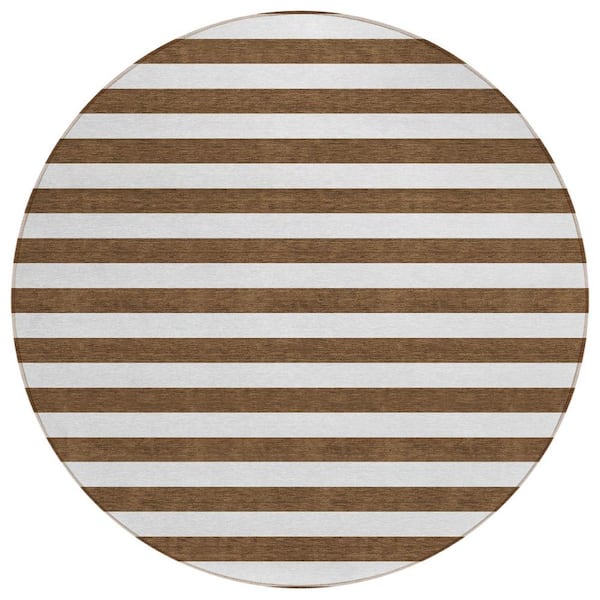 HomeRoots Chocolate 8 ft. Round Woven Striped Polyester Round Indoor/Outdoor Area Rug