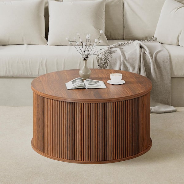 ATHMILE 31.58 in. Walnut Round MDF Coffee Table with Adjustable Table ...