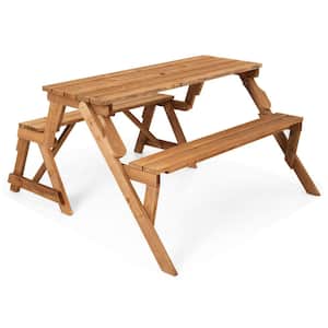 54 in. 2-in-1 Transforming Interchangeable Wooden Picnic Table Bench Set with Umbrella Hole
