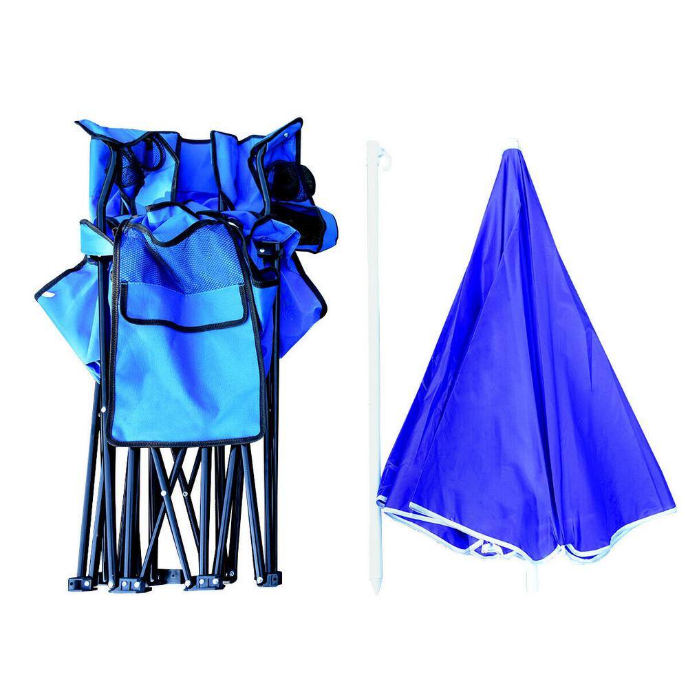 Blue Double Folding Camping Chairs with Umbrella and Cooler
