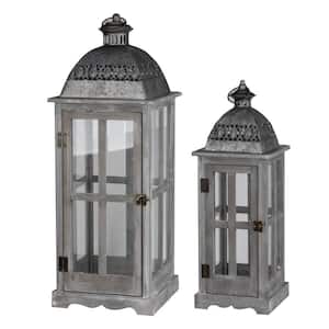 Gray Wood and Metal Lanterns with Glass Window Pane Design (Set of 2)