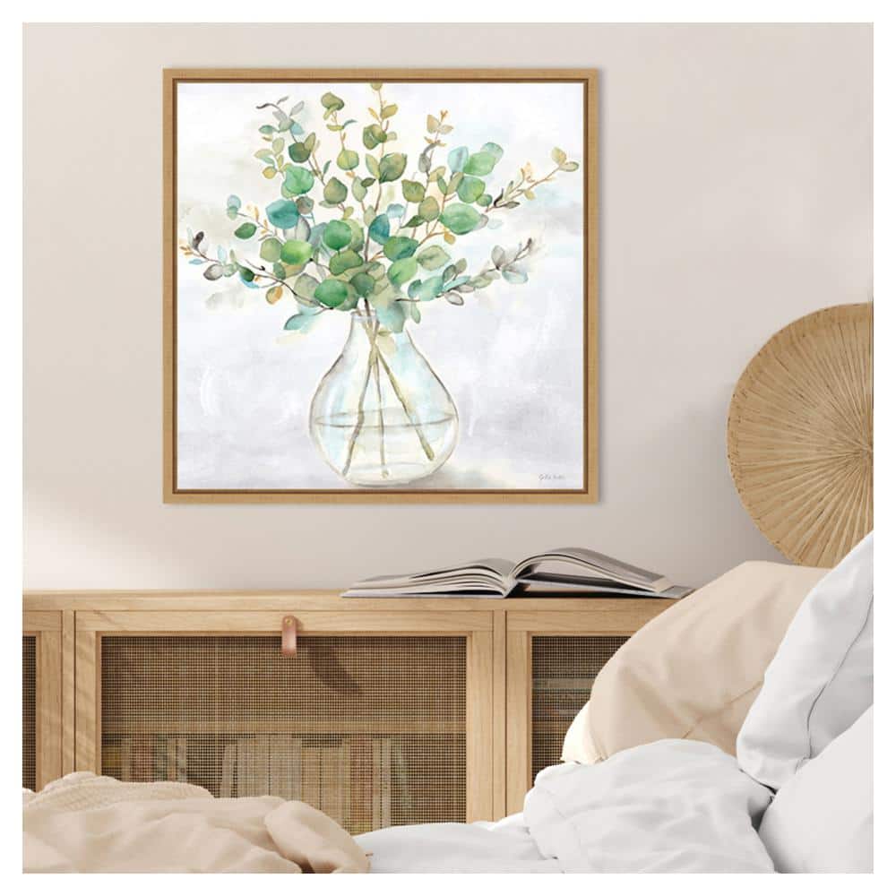 Eucalyptus Vase II Green and Brown Canvas Wall Art with Maple Frame