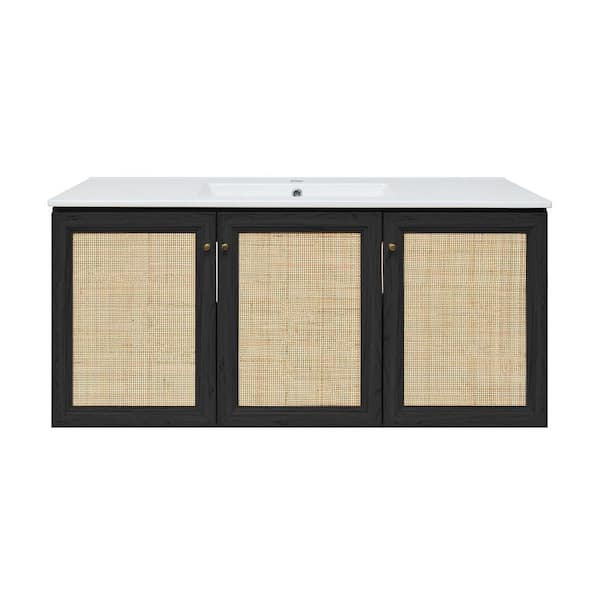 Classe 48 in. Wall-Mounted Bath Vanity in Black Oak with White Ceramic Sink Top