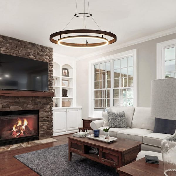 31.5 in. Brown Modern Dual Ring 1-Light LED Dimmable Pendant Light for Living Room, Dining Room, Kitchen Island