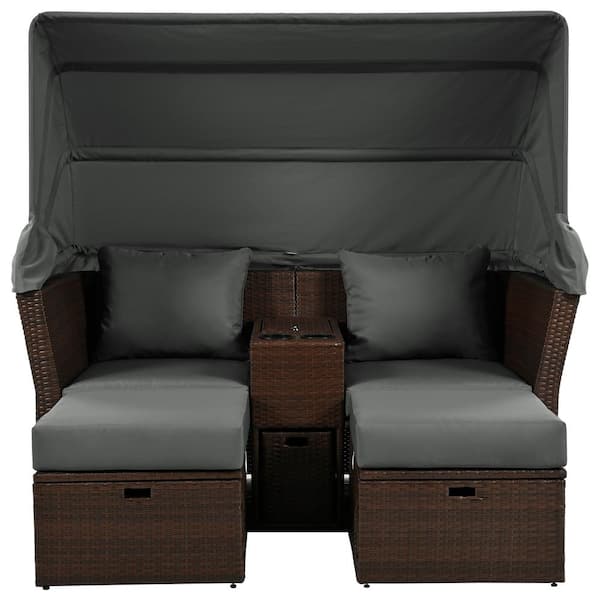 Angel Sar 2-Seater Wicker Outdoor Double Day Bed with Foldable Awning and Gray Cushions