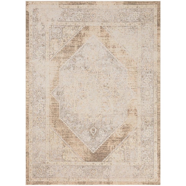 Nourison Astra Machine Washable Beige 5 ft. x 7 ft. Center medallion Traditional Area Rug