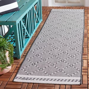 Courtyard Black/Ivory 2 ft. x 8 ft. Border Diamond Indoor/Outdoor Runner Rug