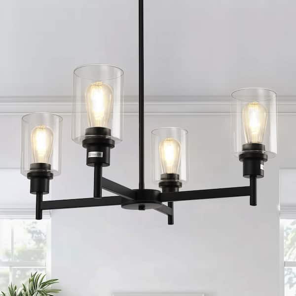 4-Light Black Chandelier with Adjustable Height featuring Elegant Glass Shades suitable for Dining Room Kitchen Foyer