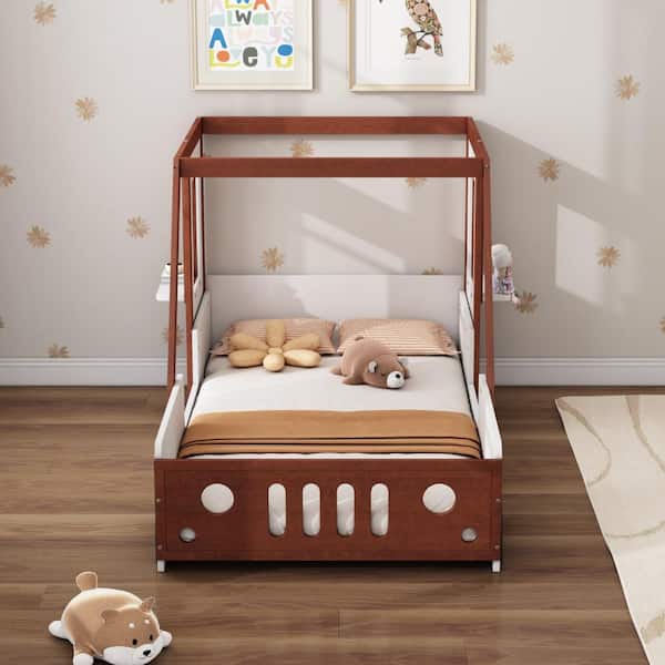 Twin Car-Shaped Kids Platform Bed with Safety Rails - White+Orange