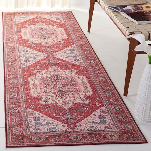 Tucson Red/Pink 3 ft. x 8 ft. Machine Washable Floral Medallion Border Runner Rug