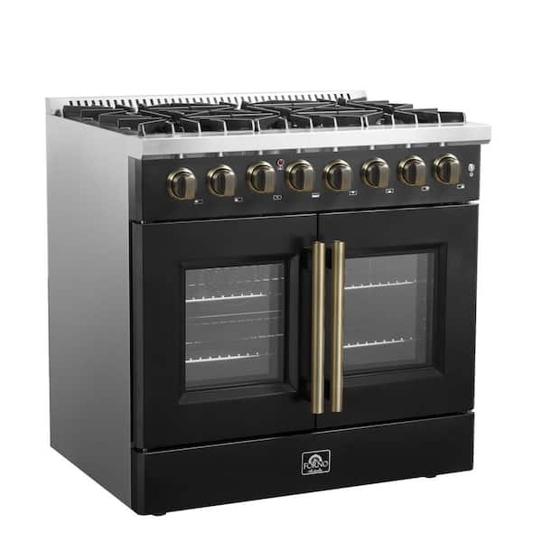 Galiano 36 in. French Door Dual Fuel Range, Black and Antique Brass, 5.36 cu. ft. True Convection Oven