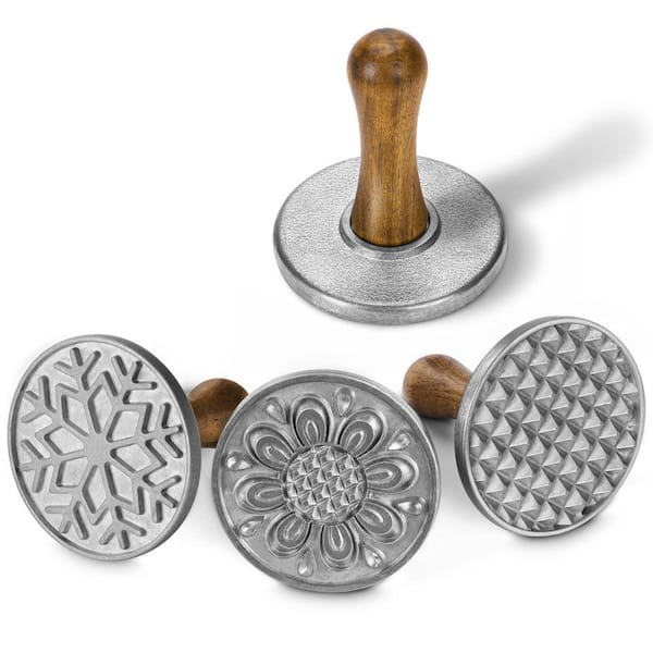 Cookie Stamps Set of 4, Metal Cookie Press with Wooden Handle, Decorating Supplies for DIY Baking, Easy to Use