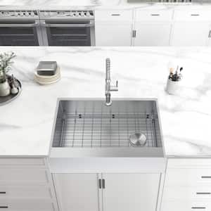 Professional 30 in. Farmhouse/Apron-Front Single Bowl 16 Gauge Stainless Steel Kitchen Sink with Spring Neck Faucet