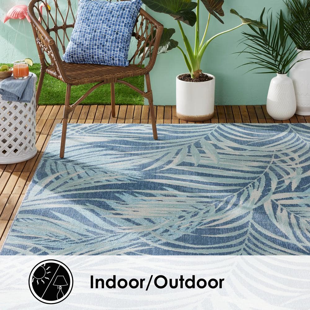 Navy Blue and Aqua Palm Leaf 8' x 10' Indoor/Outdoor Rug