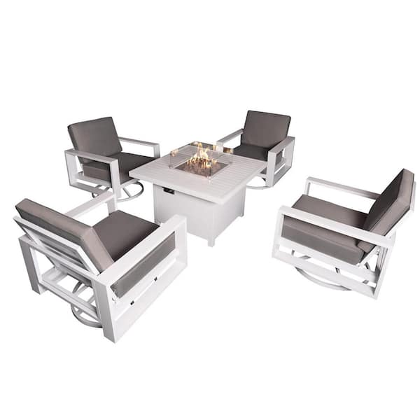 PATIOPTION 5-Piece Aluminum Patio Conversation Set with White 41.34 in. Fire Pit Table, Gray Cushion - 4 Swivel