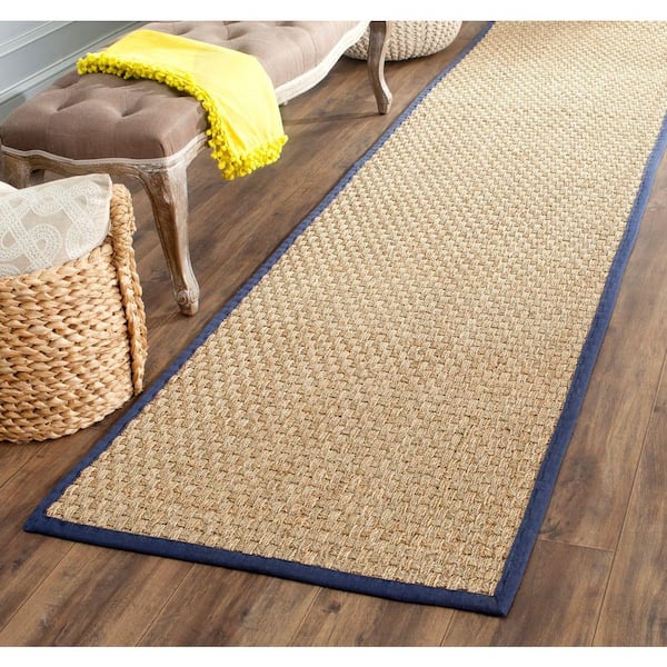 Natural Fiber Natural/Blue 3 ft. x 12 ft. Border Woven Runner Rug