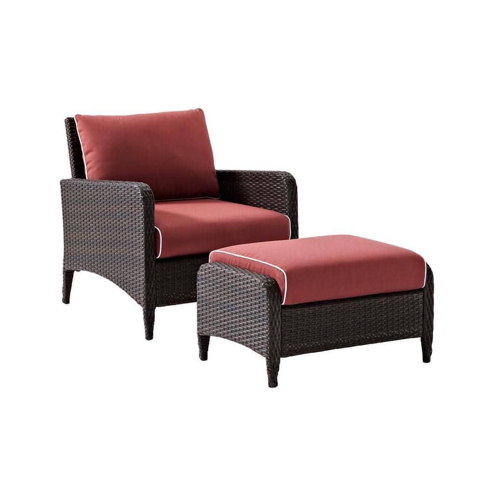 Kiawah Wicker Outdoor Lounge Chair and Ottoman with Sangria Cushions -  CROSLEY FURNITURE, KO70032BR-SG