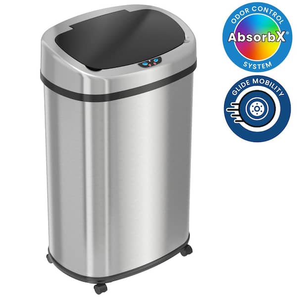 13 Gal. Oval Household Metal Trash Can with Sensor Lid, Wheels and Odor Filter