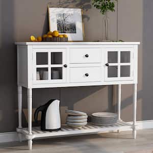 Living Room White Farmhouse Wood/Glass Buffet Storage Sideboard Console Table Cabinet with Bottom Shelf