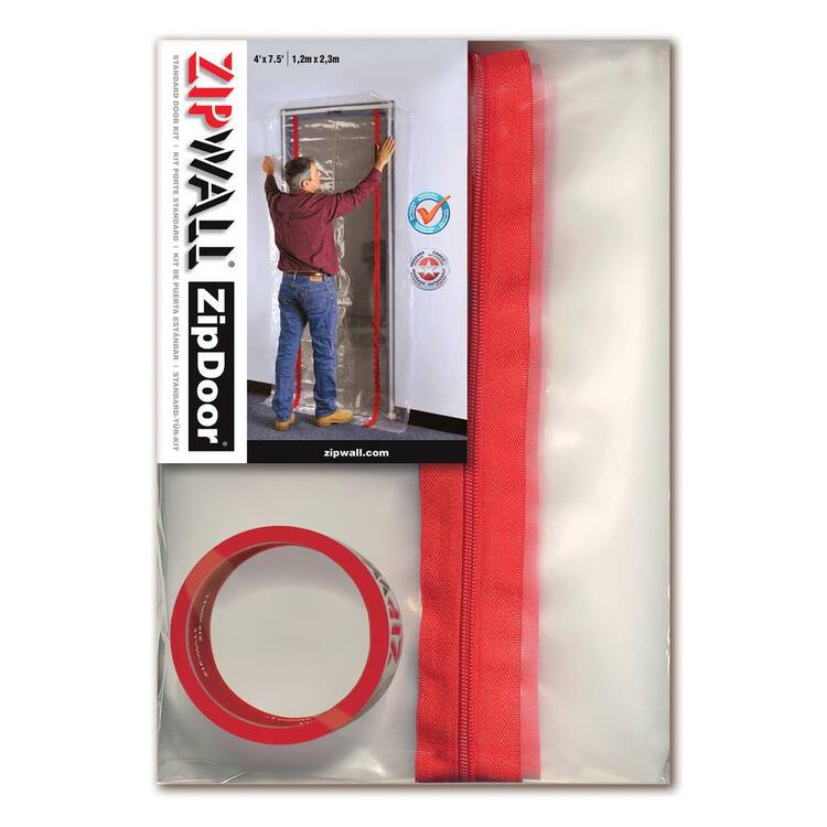 ZipWall ZDS ZipDoor Standard Door Kit 4 ft. x 7.5 ft. with 1 in. x 24 ft. Double-Sided Tape, and 2-Flap hooks Clear