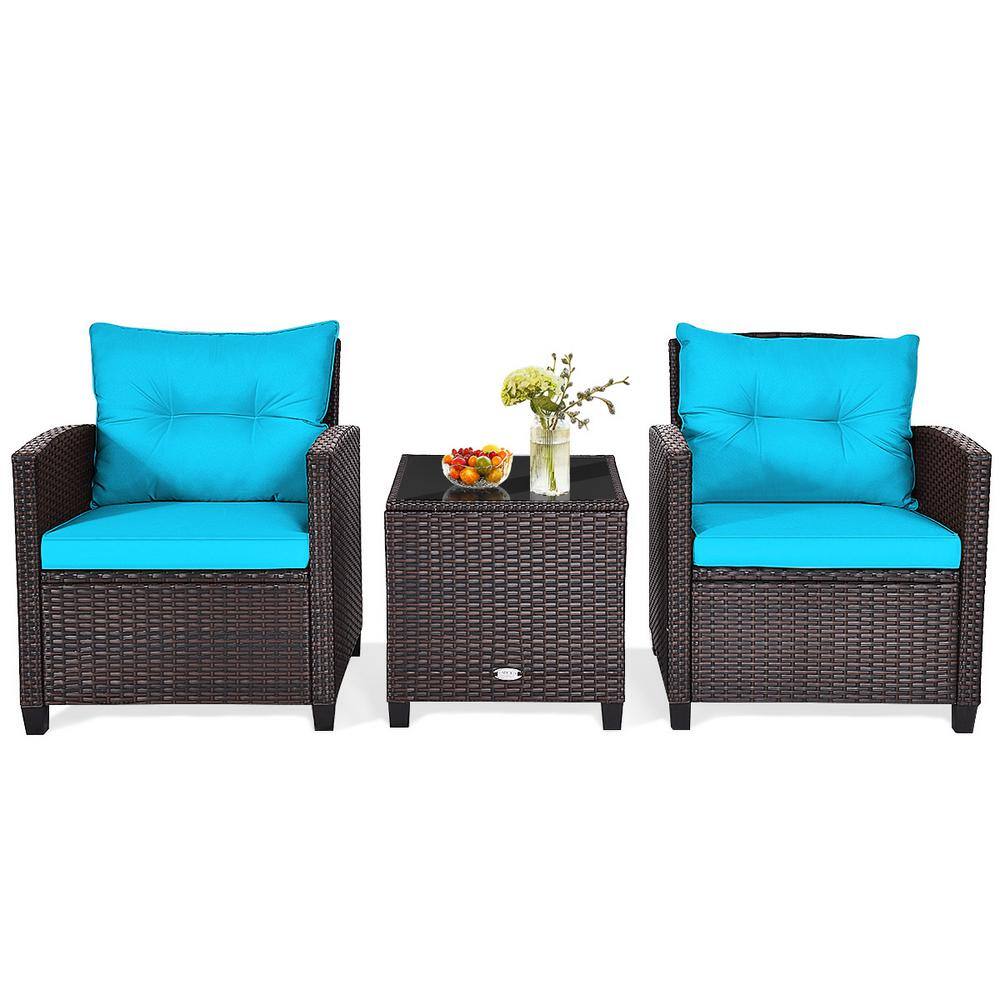 Turquoise Cushioned 3-Piece Brown Rattan Conversation Set