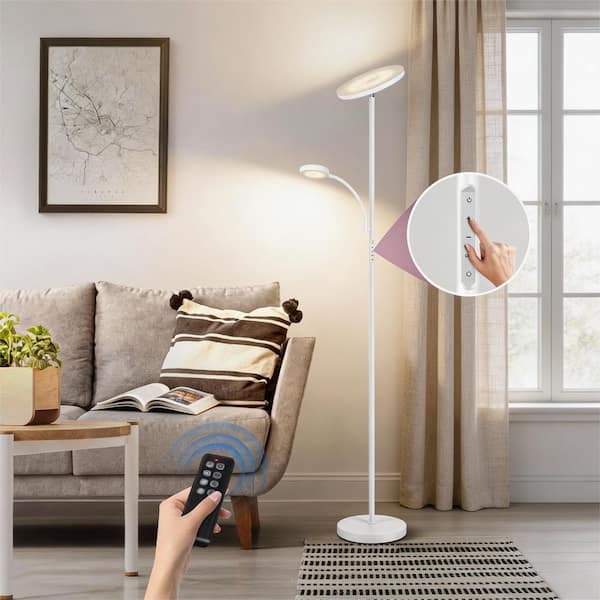 Modern Slim 71in. White Dimmable Torchiere Floor Lamp with Reading Side Light and Remote Control