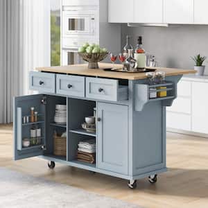 Brown Solid Wood Top 53.1 in. Grey Blue Kitchen Island with Drop Leaf, Cabinet Door Internal Storage Racks and 3-Drawers