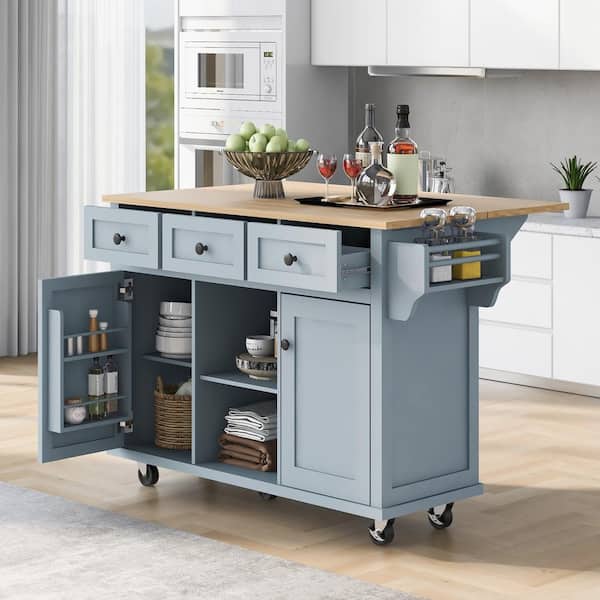 ARTCHIRLY Brown Solid Wood Top 53.1 in. Grey Blue Kitchen Island with Drop Leaf, Cabinet Door Internal Storage Racks and 3-Drawers