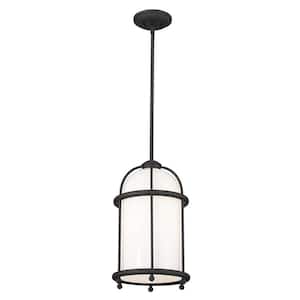 Topiary 1-Light Textured Black Vintage Cage Kitchen Pendant Hanging Light with Opal Glass Shade