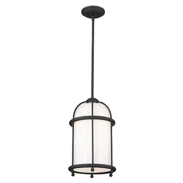 KICHLER Topiary 1-Light Textured Black Vintage Cage Kitchen Pendant Hanging Light with Opal Glass Shade