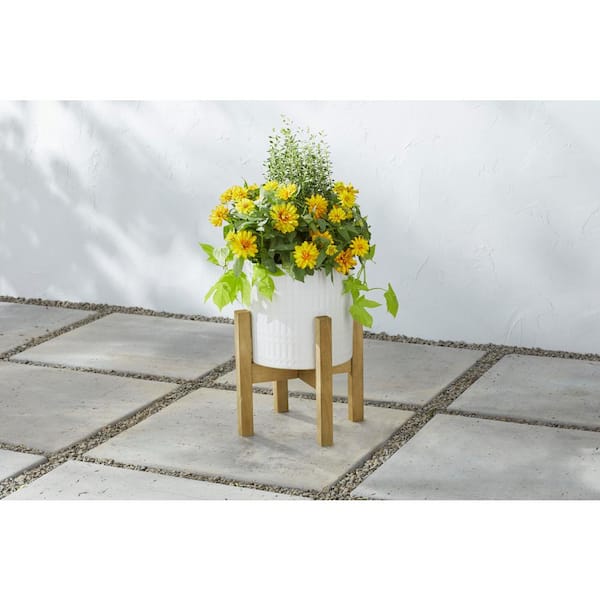 Corrine Medium White Ceramic Planter  with Wood Stand (10 in. L x 10 in. W x 16 in. H)
