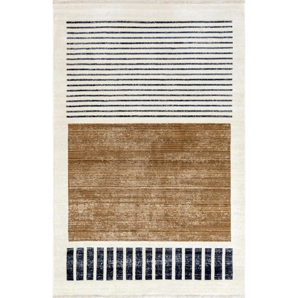 Keeva Beige and Black Striped Synthetic Area Rug