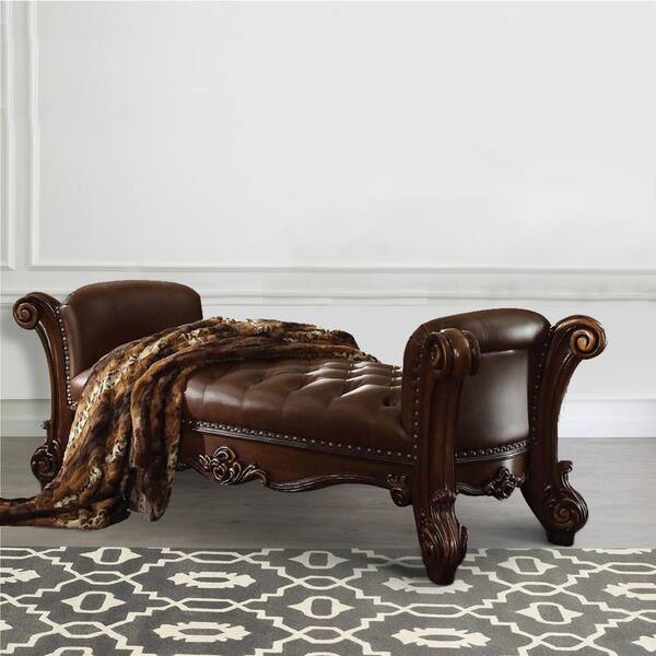 Benjara 28 in. H Cherry Brown Leatherette Button Tufted Bench with 