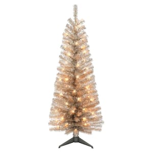 4.5 ft. Pre-Lit Rose Gold Tinsel Artificial Christmas Tree, 160 Tips, 70 UL Clear Incandescent Lights