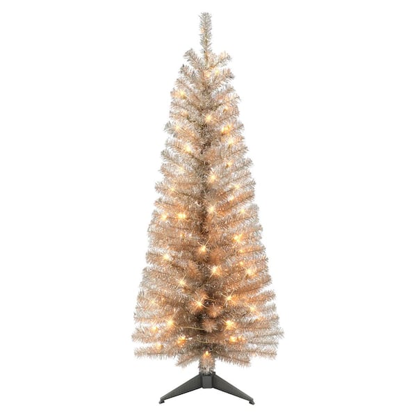 Puleo International 4.5 ft. Pre-Lit Rose Gold Tinsel Artificial Christmas Tree, 160 Tips, 70 UL Clear Incandescent Lights
