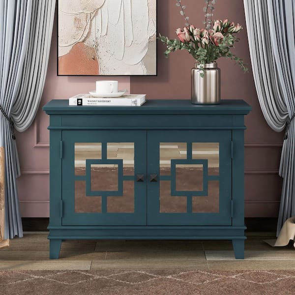 Angel Sar Blue Accent Storage Cabinet Wooden Cabinet with Decorative Mirror Door
