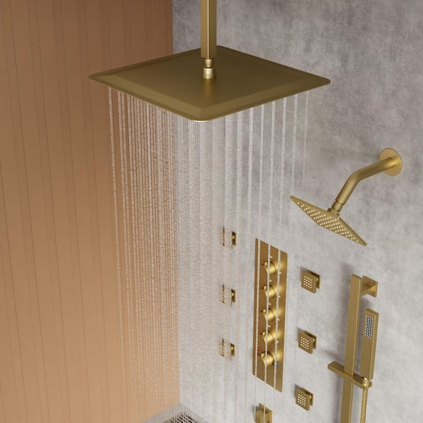 Thermostatic 5 Handles 15-Spray Shower Faucet Dual Shower Heads 2.5 GPM with Slide bar in Brushed Gold (Valve Included)