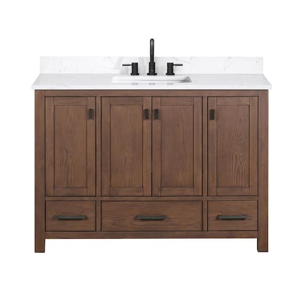 Modero 49 in. Single Sink Mocha Oak Bath Vanity with Cala White Engineered Stone Top