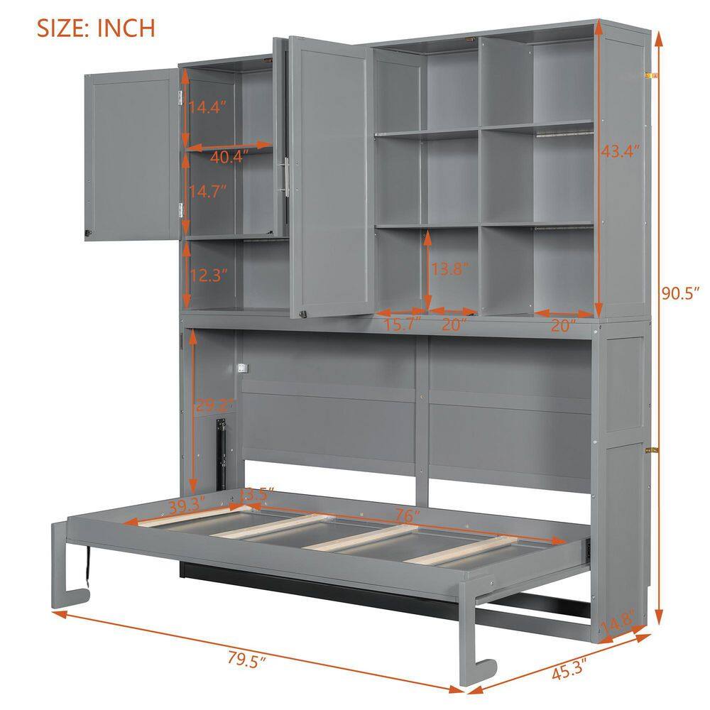 White Wood Frame Twin Size Murphy Bed with Top Cabinet, Shelves, Space Saving Foldable Bed with Light & USB - thumbnail 3