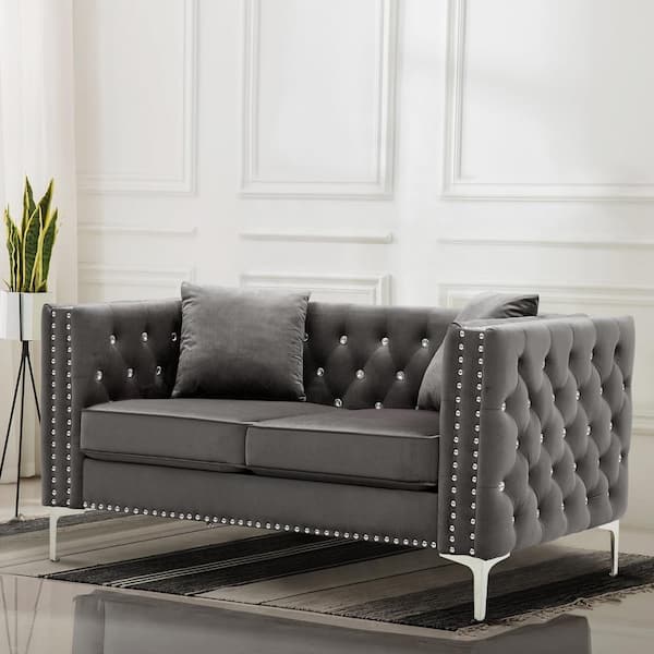 59 in. Square Arm 2-Seater Nailhead Trim Sofa in Gray