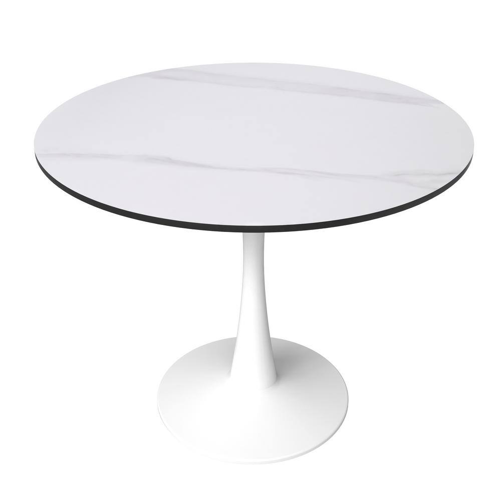 White Round Sintered Stone Dining Table with Steel Pedestal Base
