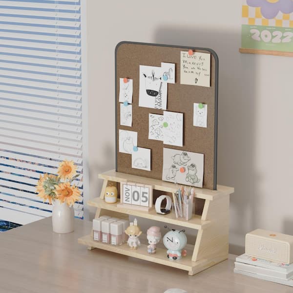 White 15.4 in. x 15.2 in. Decorative Stand with Magnetic Display Board, 2-Tier Storage Shelf for Home Office